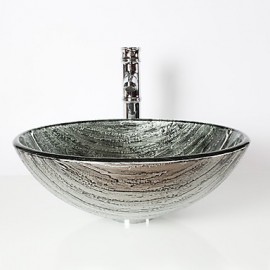 Ancient Silver Round Tempered Glass Vessel Sink with Bamboo Tap ,Pop - Up Drain and Mounting Ring