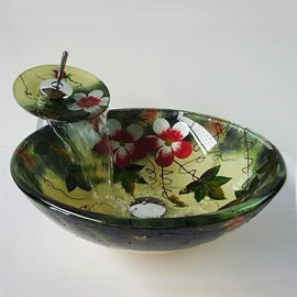 Flower Round Tempered Glass Vessel Sink with Waterfall Tap ,Pop - Up Drain and Mounting Ring