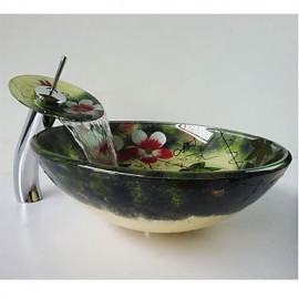 Flower Round Tempered Glass Vessel Sink with Waterfall Tap ,Pop - Up Drain and Mounting Ring