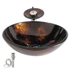 Victory Round Black Tempered glass Vessel Sink With Waterfall Tap, Mounting Ring and Water Drain