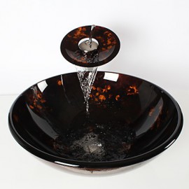 Victory Round Black Tempered glass Vessel Sink With Waterfall Tap, Mounting Ring and Water Drain