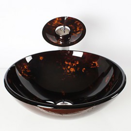 Victory Round Black Tempered glass Vessel Sink With Waterfall Tap, Mounting Ring and Water Drain