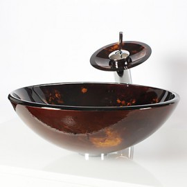 Victory Round Black Tempered glass Vessel Sink With Waterfall Tap, Mounting Ring and Water Drain