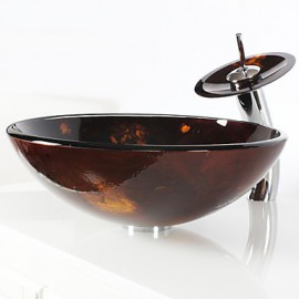 Victory Round Black Tempered glass Vessel Sink With Waterfall Tap, Mounting Ring and Water Drain