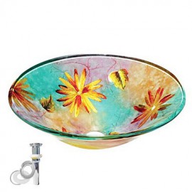 Colourfull Round Tempered Glass Vessel Sink With Pop up and Mounting ring