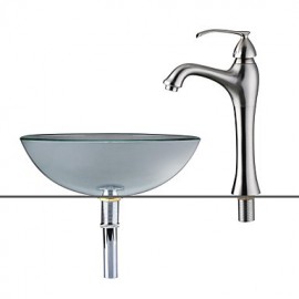 Transparence Round Tempered glass Vessel Sink With Waterfall Tap, Mounting Ring and Water Drain