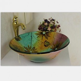 Flower Round Tempered Glass Vessel Sink With Tap ,Mounting Ring and Water Drain