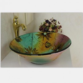 Flower Round Tempered Glass Vessel Sink With Tap ,Mounting Ring and Water Drain