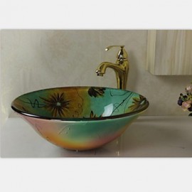 Flower Round Tempered Glass Vessel Sink With Tap ,Mounting Ring and Water Drain