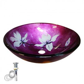 Flower Tempered Glass Vessel Sink With Pop up and Mounting ring