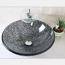 Black Crack Tempered Glass Vessel Sink With Chrome Waterfull Tap Set