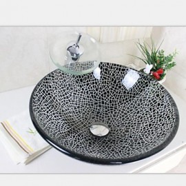 Black Crack Tempered Glass Vessel Sink With Chrome Waterfull Tap Set