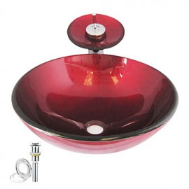 Victory Round Swirls Dark Red Tempered glass Vessel Sink and Waterfall Tap