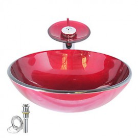 Victory Round Swirls Dark Red Tempered glass Vessel Sink and Waterfall Tap