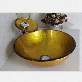 Gold Hand Painted Round Tempered Glass Vessel Sink With Waterfull Tap ,Mounting Ring and Water Drain