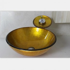 Gold Hand Painted Round Tempered Glass Vessel Sink With Waterfull Tap ,Mounting Ring and Water Drain