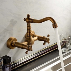 Antique Inspired Bathroom Sink Faucet Wall Mount Solid Brass Two Holes And Handles Bathtub Mixer