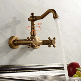Antique Inspired Bathroom Sink Faucet Wall Mount Solid Brass Two Holes And Handles Bathtub Mixer