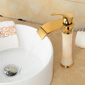 Art Deco / Retro Ti-Pvd Finish Jade Brass Waterfall Golden Bathroom Sink Faucet