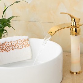 Art Deco / Retro Ti-Pvd Finish Jade Brass Waterfall Golden Bathroom Sink Faucet