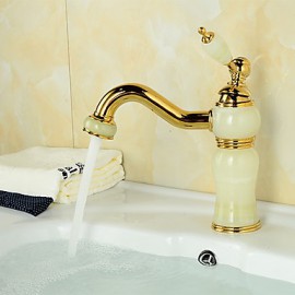 Art Deco / Retro Ti-Pvd Finish Jade Brass Waterfall Golden Bathroom Sink Faucet