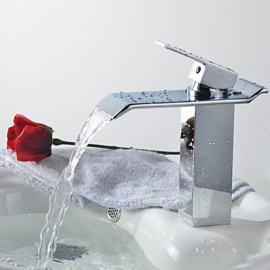 Bathroom Chrome Finish Deck Mounted Waterfall Basin Faucet