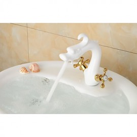 Bathroom Gold Finish Antique Brass And White Painted Dual Cross Or Crystal Handle Basin Faucet