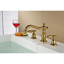 Bathroom Gold Finish Dual Handle Three Hole Basin Faucet