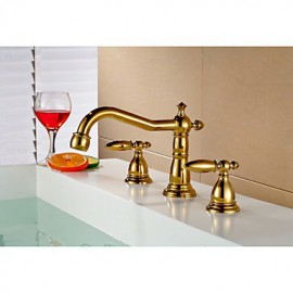 Bathroom Gold Finish Dual Handle Three Hole Basin Faucet