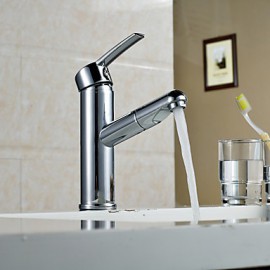 Bathroom Sink Faucet Contemporary Pullout Spray Brass Chrome