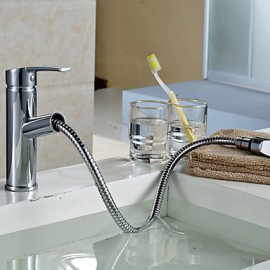 Bathroom Sink Faucet Contemporary Pullout Spray Brass Chrome