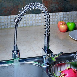 Brass Pull Down Kitchen Faucet With Color Changing Led Light - Spring