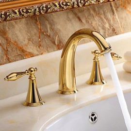 Brass Widespread Ti-Pvd Golden Waterfall Roman Tub Sink Faucet Two Handle Three Holes Basin Vessel Tap Mixer