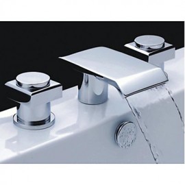 Chrome Brass Two Handles Widespread Waterfall Bathroom Sink Faucet