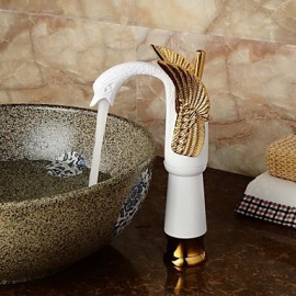 Contemporary Ceramic Body Shape Swan Bathroom Basin Mixer (Tall) - Gold+White