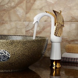 Contemporary Ceramic Body Shape Swan Bathroom Basin Mixer (Tall) - Gold+White