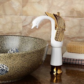 Contemporary Ceramic Body Shape Swan Bathroom Basin Mixer (Tall) - Gold+White