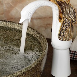 Contemporary Ceramic Body Shape Swan Bathroom Basin Mixer (Tall) - Gold+White