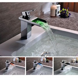 Contemporary Chrome Finish Brass Single Handle One Hole Color Changing Led Waterfall Bathroom Sink Faucet