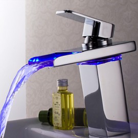 Contemporary Chrome Finish Brass Single Handle One Hole Color Changing Led Waterfall Bathroom Sink Faucet