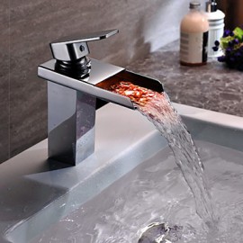 Contemporary Chrome Finish Brass Single Handle One Hole Color Changing Led Waterfall Bathroom Sink Faucet