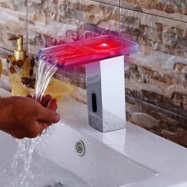 Contemporary Chrome Finish Led Waterfall Bathroom Sink Faucet With Automatic Sensor Faucet(Cold &Hot)