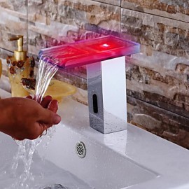 Contemporary Chrome Finish Led Waterfall Bathroom Sink Faucet With Automatic Sensor Faucet(Cold &Hot)