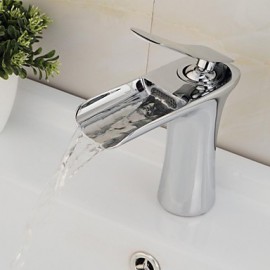 Contemporary Chrome Finish Single Hole Brass Waterfall Bathroom Sink Faucet