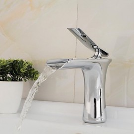 Contemporary Chrome Finish Single Hole Brass Waterfall Bathroom Sink Faucet