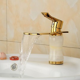 Contemporary Elegant Large Wide-Mouth Waterfall Imitation Jade Bathroom Sink Faucet (Short) - Golden