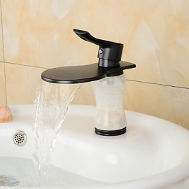 Contemporary Elegant Large Wide-Mouth Waterfall Imitation Jade Oil-Rubbed Bronze Finish Bathroom Sink Faucet (Short)