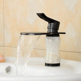 Contemporary Elegant Large Wide-Mouth Waterfall Imitation Jade Oil-Rubbed Bronze Finish Bathroom Sink Faucet (Short)