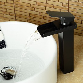 Contemporary Tall Oil-Rubbed Bronze Waterfall Bathroom Sink Faucet - Black