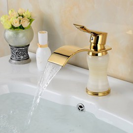 Contemporary Waterfall Brass Imitation Jade Ti-Pvd Bathroom Sink Faucet - Golden
